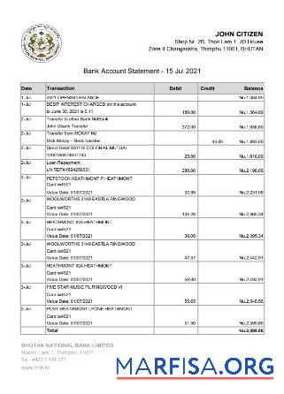 Downloadable Bhutan National bank statement excel example